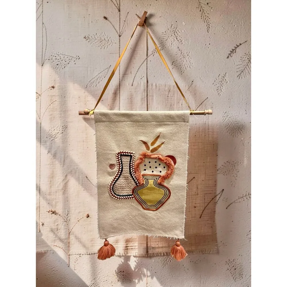 Vintage Handmade Textile Wall Hanging | Boho Fiber Art Tapestry with Tassels